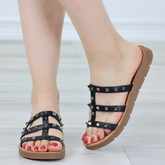 Slider Sandal Slip On Gladiator Flats Studded Black Pliable Sole - Picture 8 of 13